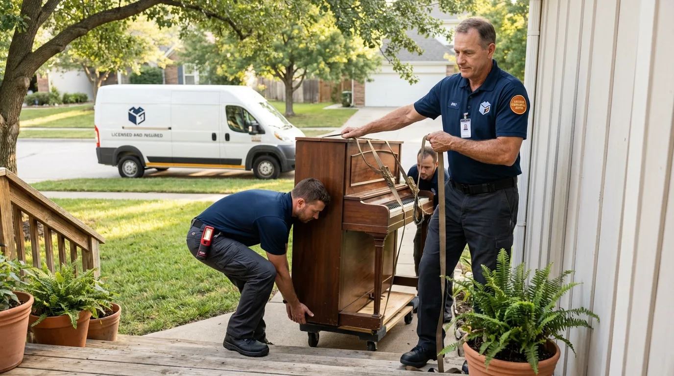 Licensed piano movers securing grand piano in Deerfield, NH
