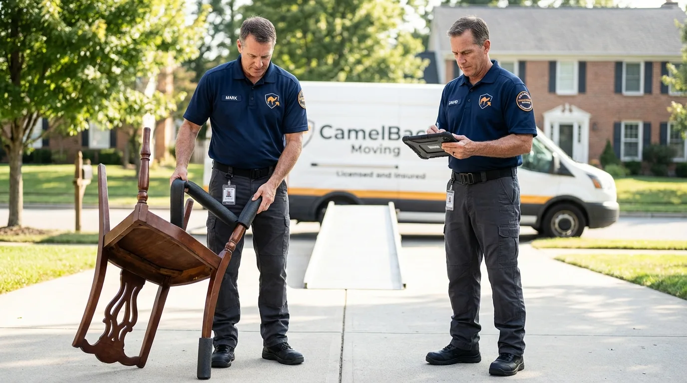 Movers inspecting furniture for damage prevention before loading in Deerfield, NH