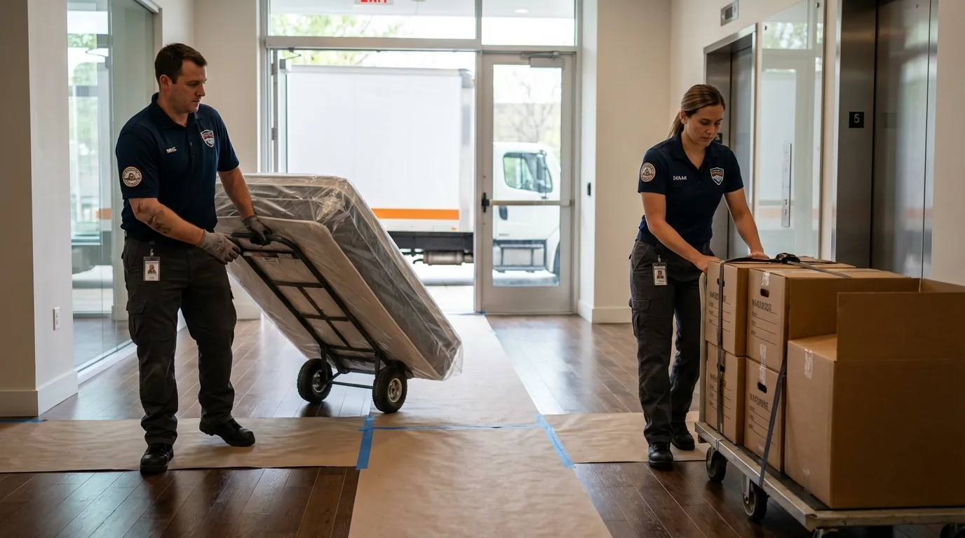 Professional apartment movers loading elevator in Deerfield, NH